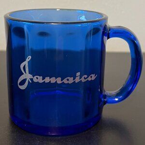 JAMAICA Translucent Cobalt Blue Fluted Glass Souvenir Mug